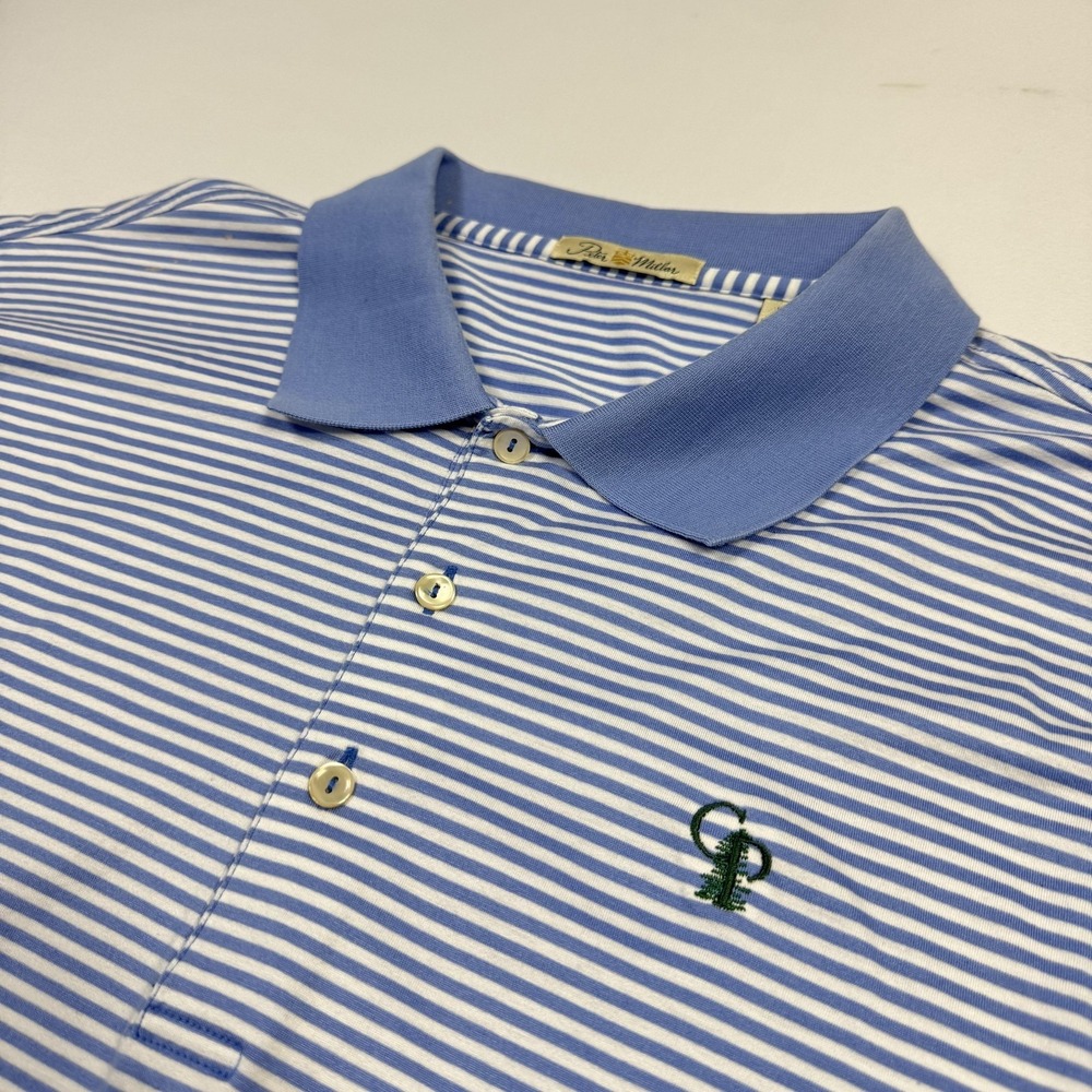 Peter Millar Calusa Pines Golf Polo Shirt Men 2XL Blue White Striped Cotton Knit